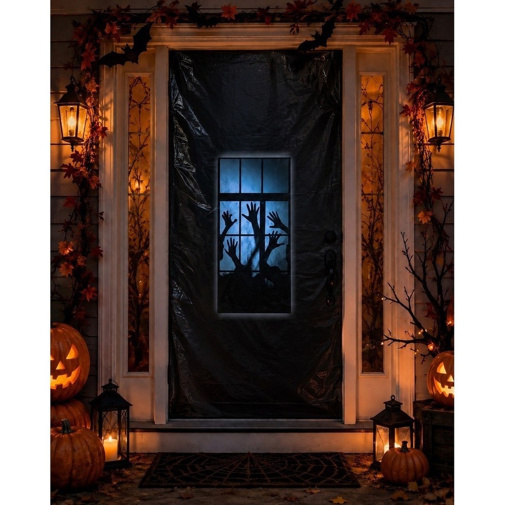 Halloween Door Decor Cover Multicolor 35 x 70 in horror classroom spooky village